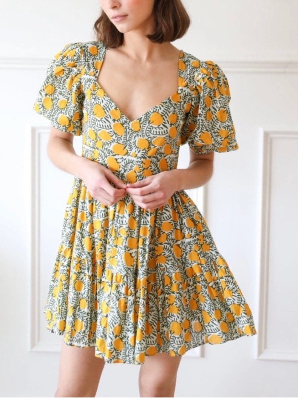 Mille Resort Aneli Mini Dress Size XS Lemon Yellow Cotton Puff Sleeves Pockets